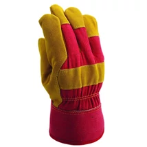 Marha hasítékbőr tenyerű kesztyű, sárga,piros vászon kézháttal, téli,  filc béléssel